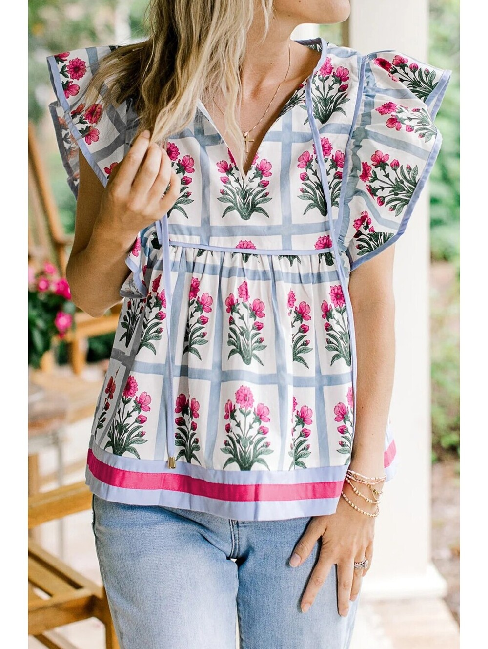 Floral Print Flutter Sleeve Blouse for Women